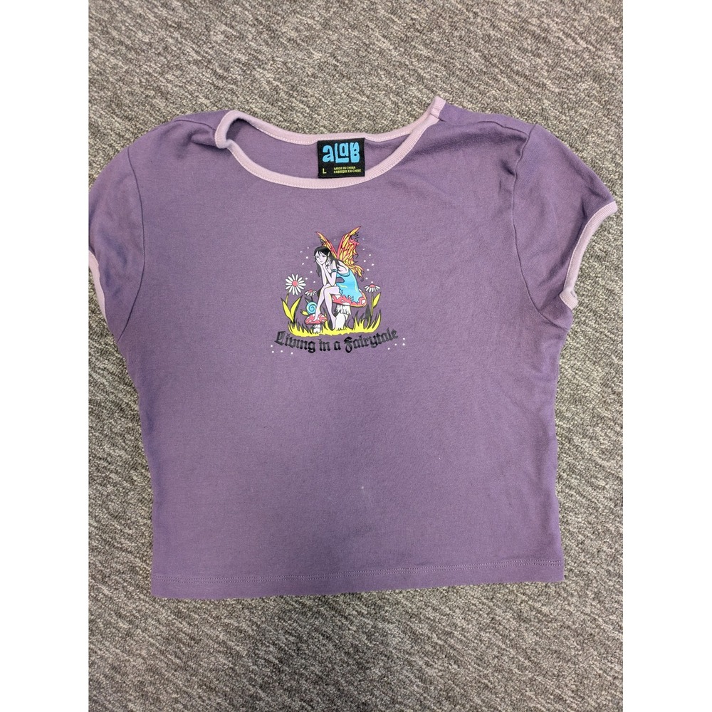 aLAB Purple Fairy Graphic Baby Tee Short Sleeve Juniors Large Y2K Fairycore